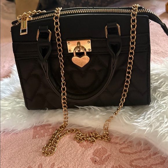 Black Quilted Heart Handbag with Gold Chain - Picture 6 of 6